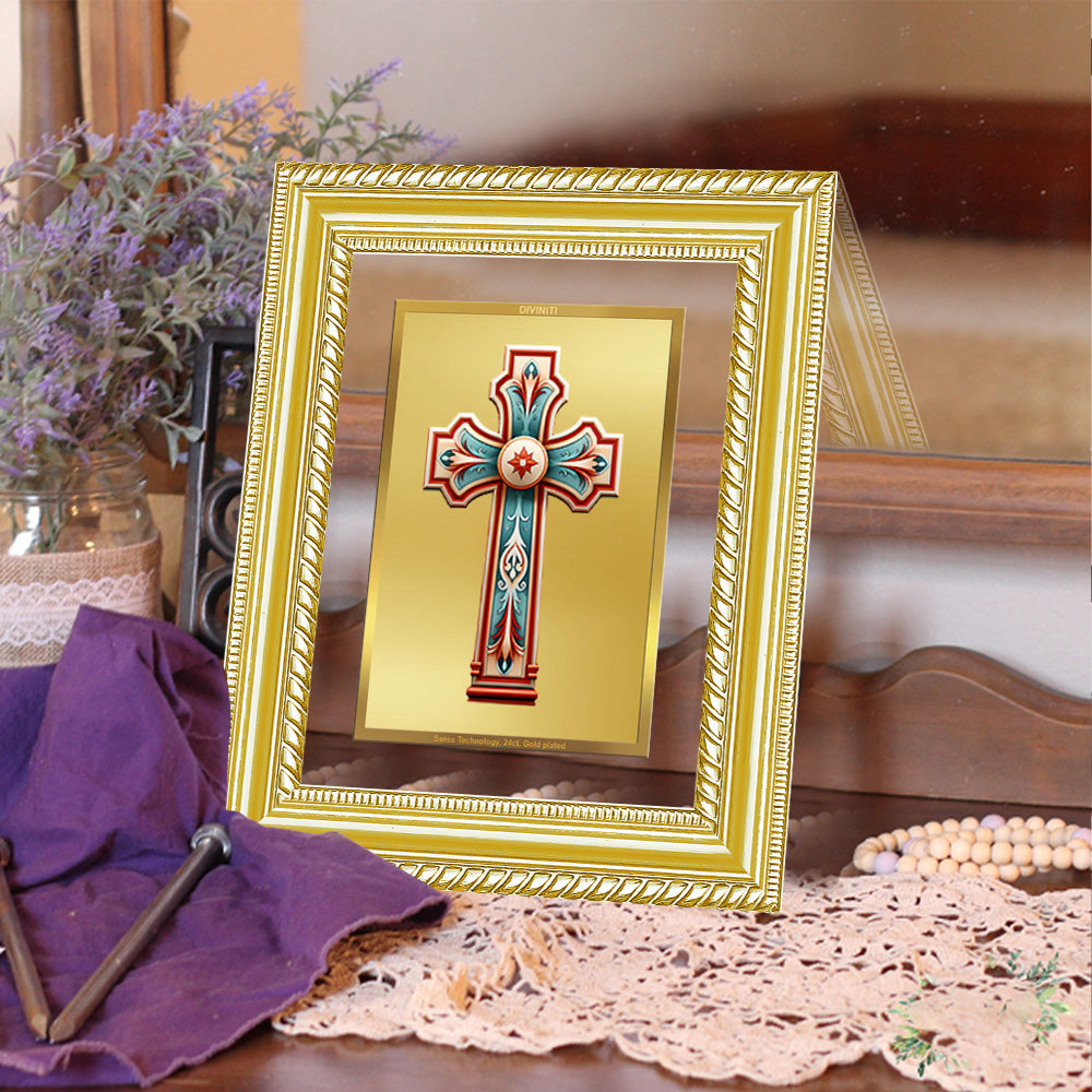 Diviniti 24K Gold Plated Holy Cross (Classic) Divine Wall and Table Top Frame for Home Mandir & Office Decor | Luxury Spiritual Gift