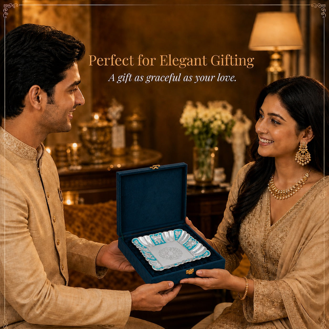 Diviniti Turquoise German Silver Decorative Platter in luxury gift box, ideal for elegant gifting.