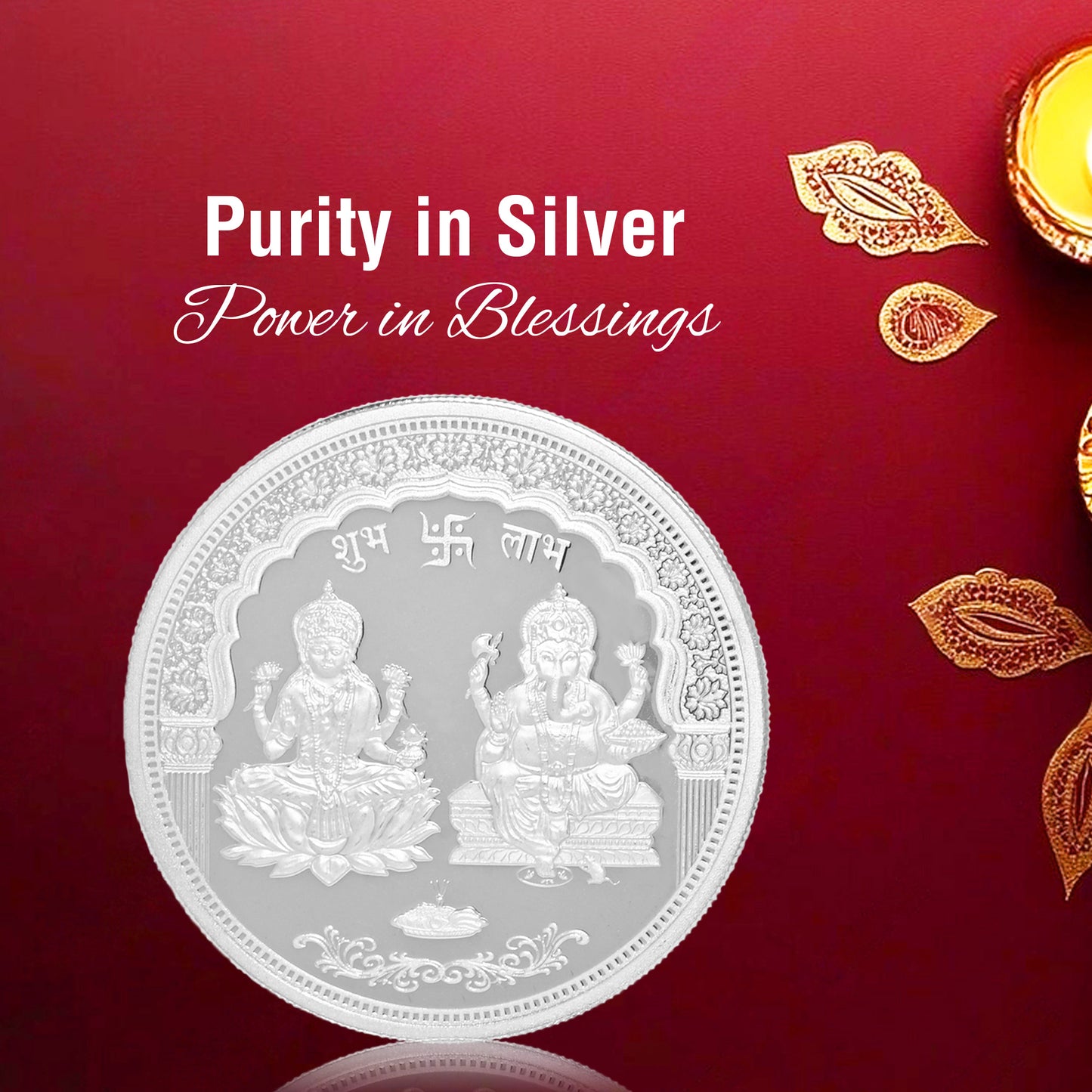 DIVINITI Pure Silver Coin Laxmi Ganesh & Swastik Symbol of Prosperity and Blessings for Home & Office Décor, Puja Room Diwali Gift (50g)