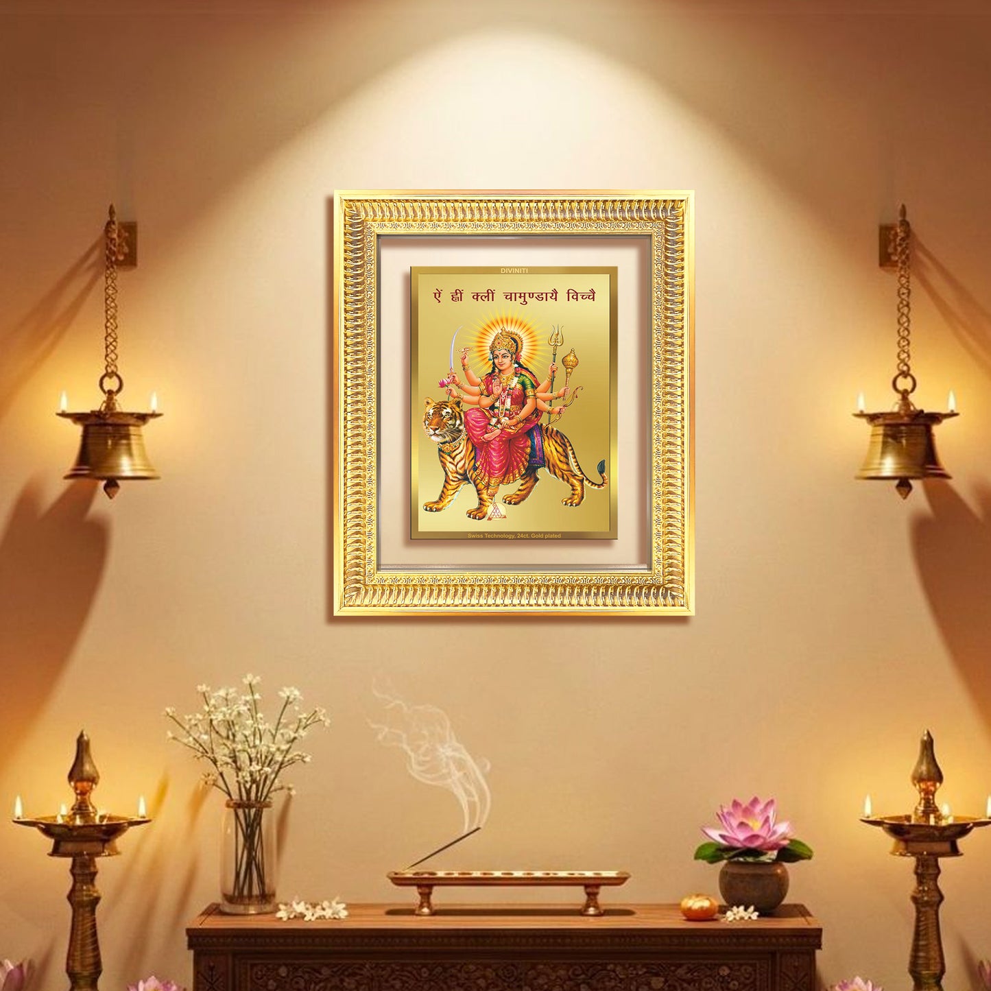 Diviniti 24K Gold Plated Durga With Mantra (Classic) Divine Wall Frame for Home Mandir & Office Decor | Luxury Spiritual Gift