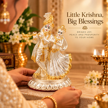 999 Silver-Plated Dual-Tone Radha Krishna Idol | Premium Gift Box | 11.5x8 CM