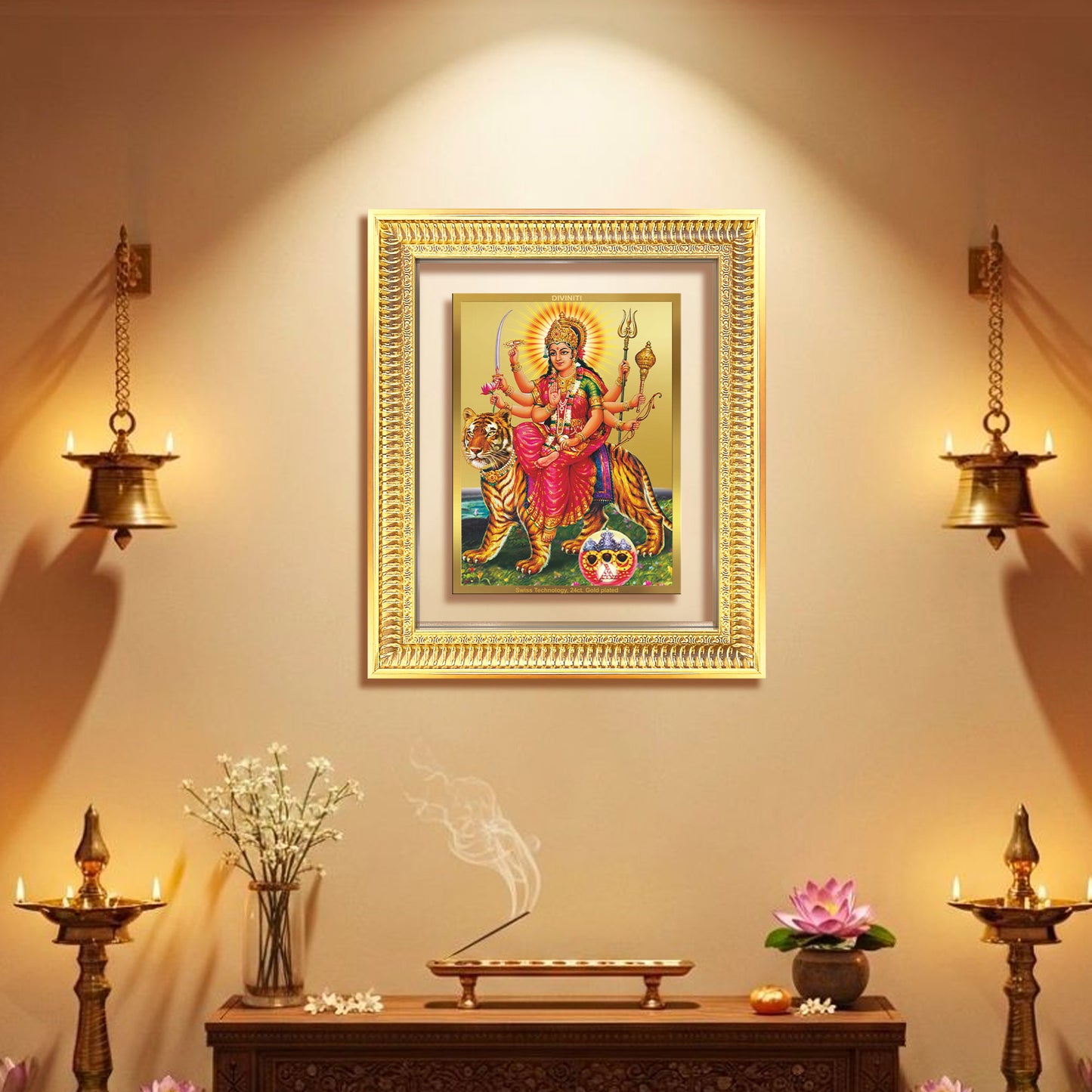 Diviniti 24K Gold Plated Durga - Sherawali Mata With Pind (Classic) Divine Wall Frame for Home Mandir & Office Decor | Luxury Spiritual Gift