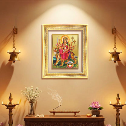 Diviniti 24K Gold Plated Durga - Sherawali Mata With Pind (Classic) Divine Wall Frame for Home Mandir & Office Decor | Luxury Spiritual Gift