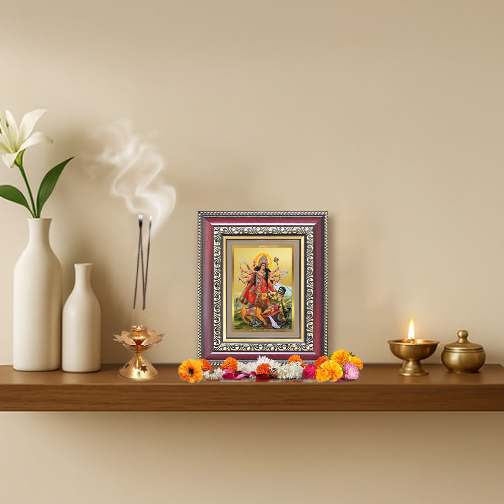 Diviniti 24K Gold Plated Durga - Mahishasura Mardini (Classic) Divine Table Top Frame for Home Mandir & Office Decor | Luxury Spiritual Gift