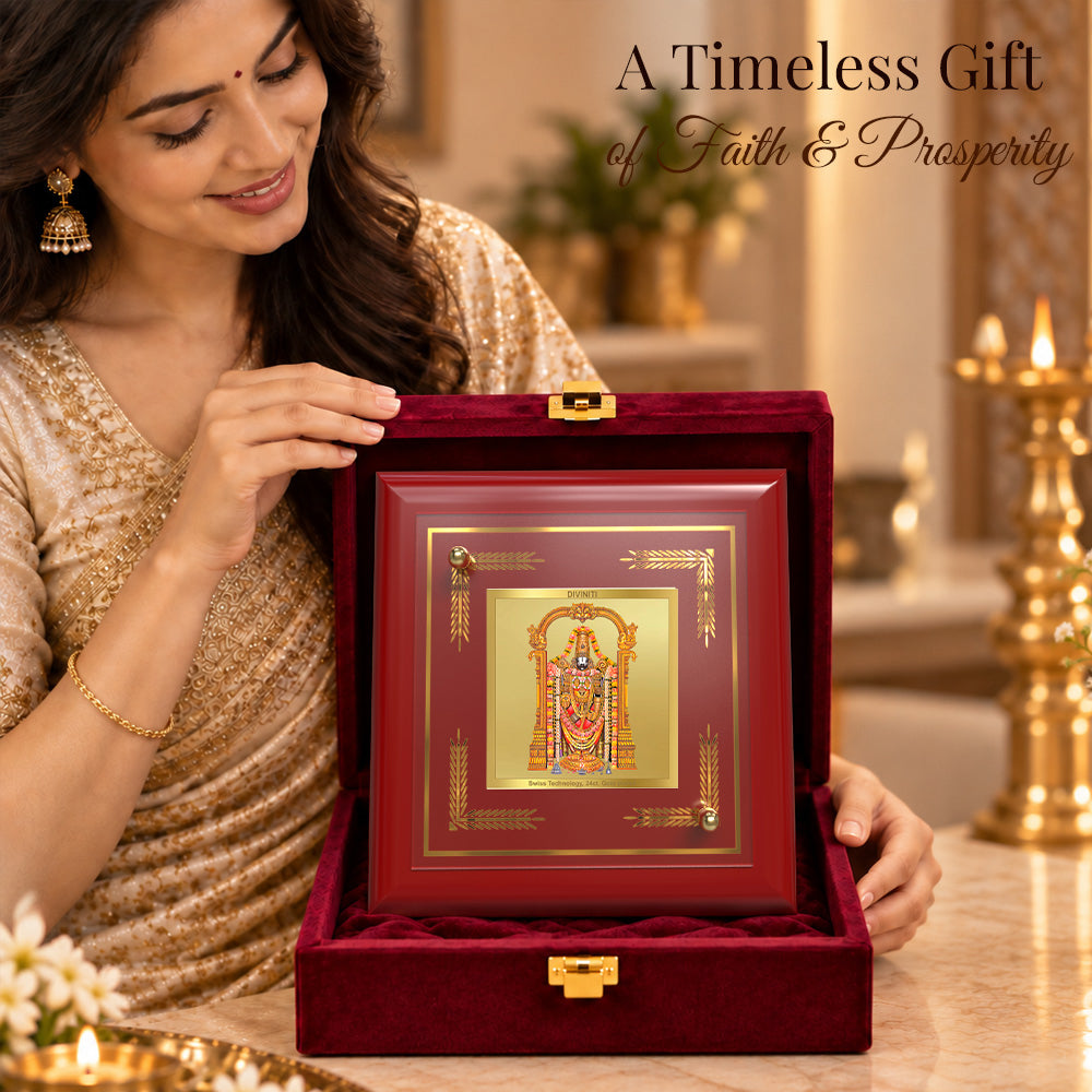 24K Gold-Plated Lord Tirupati Balaji MDF Frame | Premium Gift Box | 10x10 CM