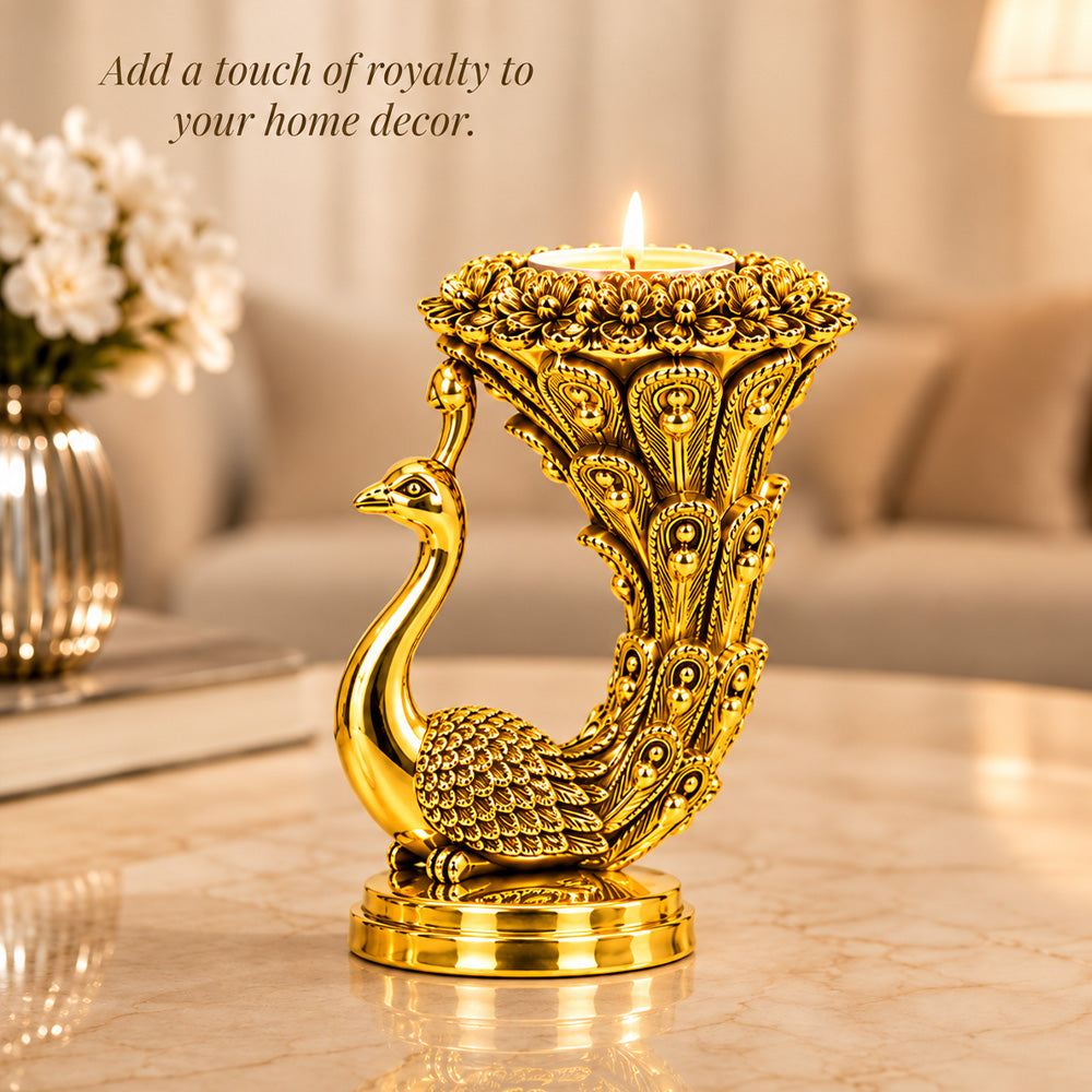 999 Gold-Plated Peacock Candle Holder Pair | Premium Gift Box | 10x8 CM