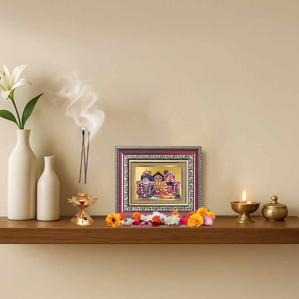 Diviniti 24K Gold Plated Jagannath Subhadra Balabhadra (Classic) Divine Table Top Frame for Home Mandir & Office Decor | Luxury Spiritual Gift