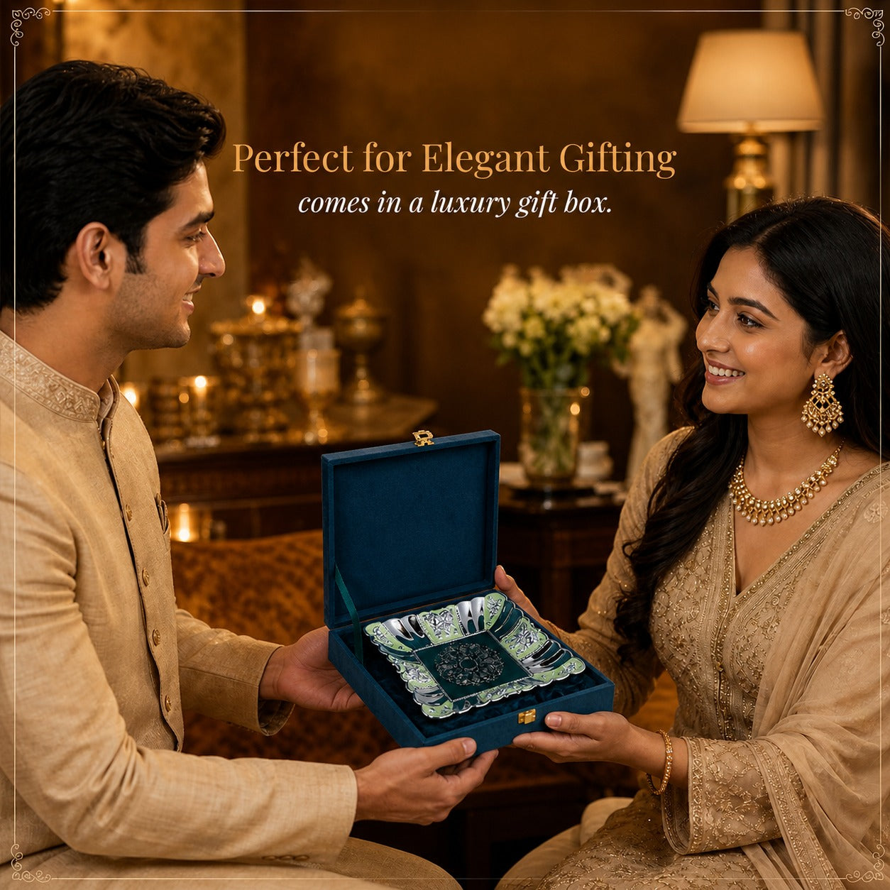 Diviniti Green German Silver Decorative Platter with Luxury Gift Box, perfect for elegant gifting.