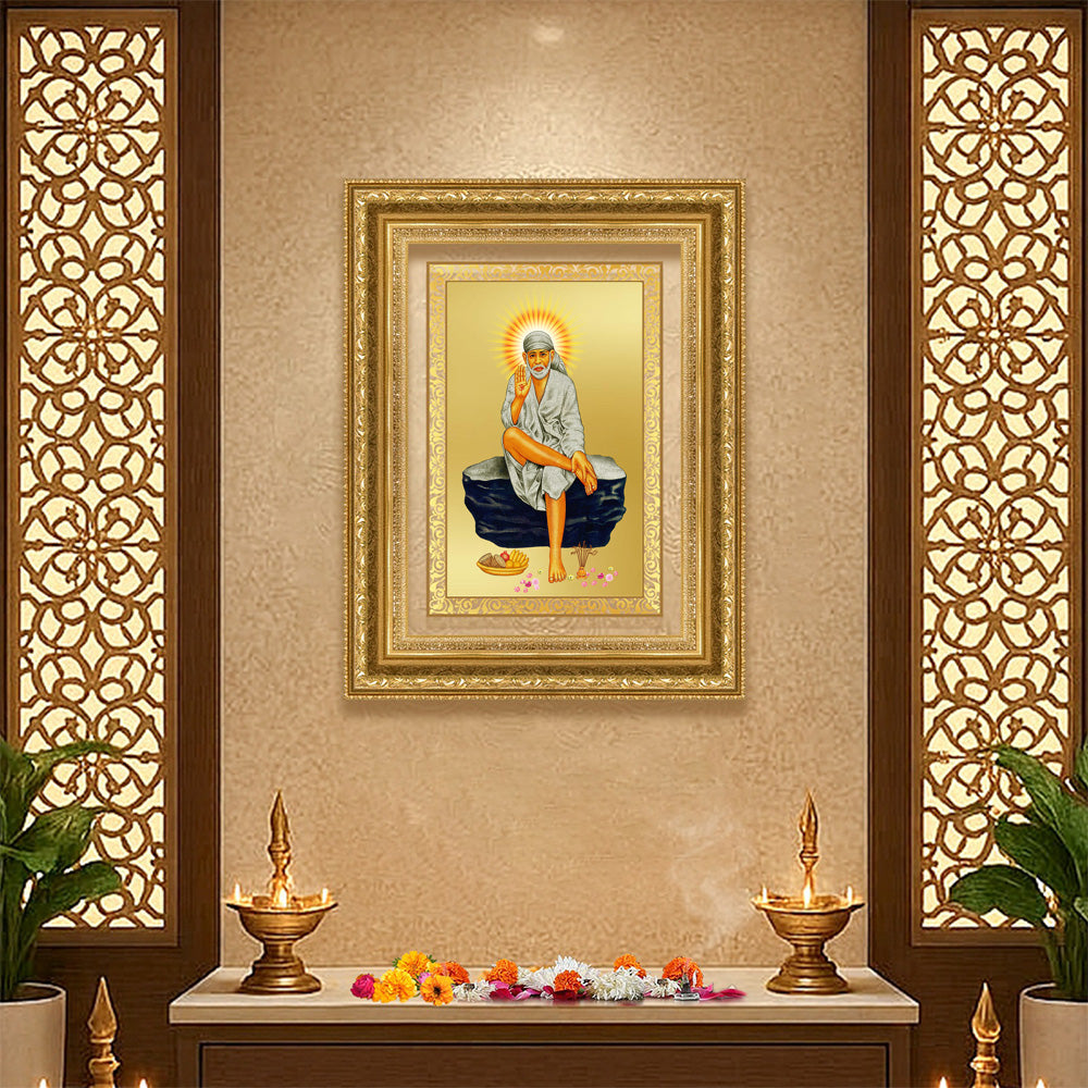 Diviniti 24K Gold Plated Sai Baba (Classic) Divine Wall Frame for Home Mandir & Office Decor | Luxury Spiritual Gift
