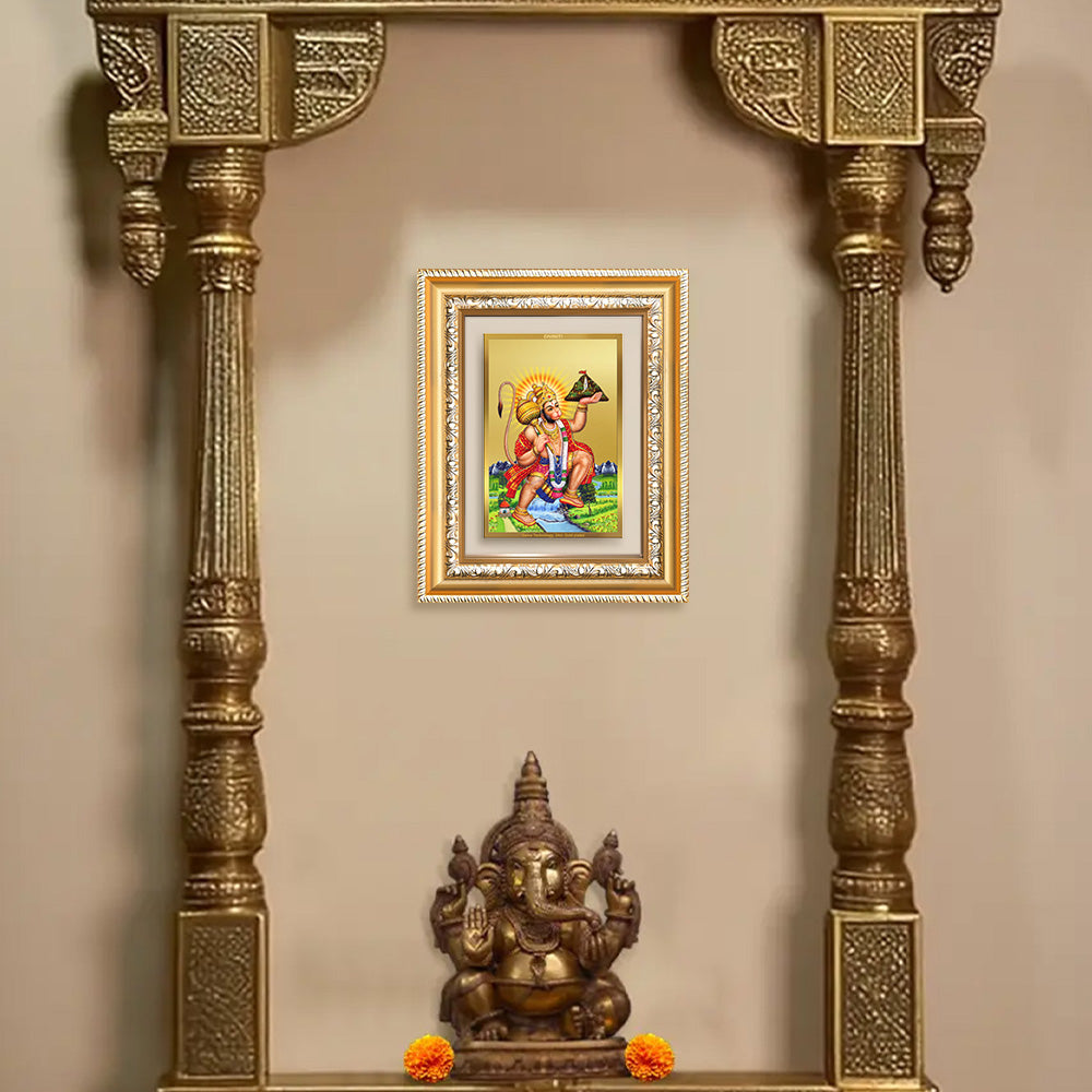 Diviniti 24K Gold Plated Hanuman With Mountain (Classic) Divine Wall and Table Top Frame for Home Mandir & Office Decor | Luxury Spiritual Gift