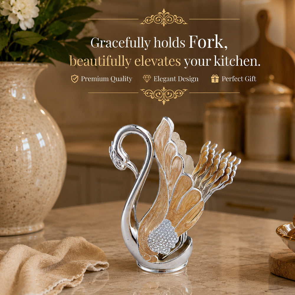 Diviniti Premium Silver-Plated Swan Cutlery Holder | Elegant Peach Spoon & Fork Stand for Table Décor