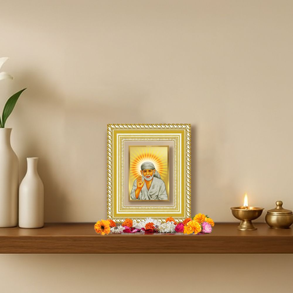 Diviniti 24K Gold Plated Sai Baba With Blessings Divine Table Top Frame for Home Mandir & Office Decor | Luxury Spiritual Gift