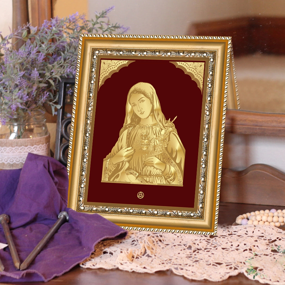 Mother Mary Photo frame in 24k gold plated foil displayed on wooden table