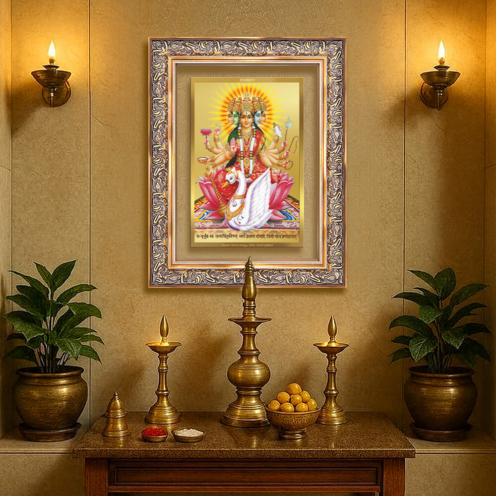 Diviniti 24K Gold Plated Gayatri Maa (Classic) Divine Wall Frame for Home Mandir & Office Decor | Luxury Spiritual Gift