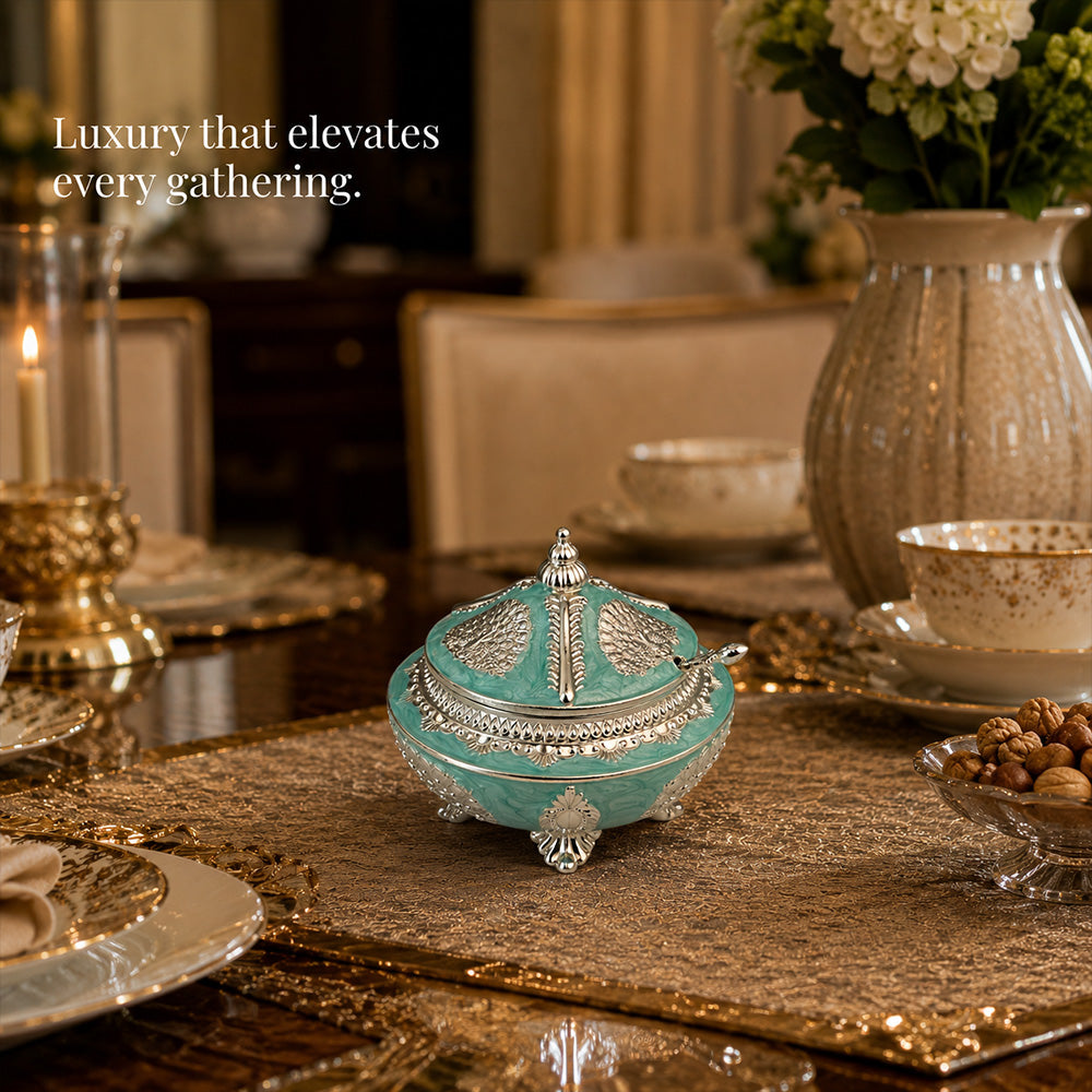 Diviniti Premium Silver-Plated Decorative Sugar Pot | Turquoise Enamel Lidded Bowl for Festive Serving & Home Décor