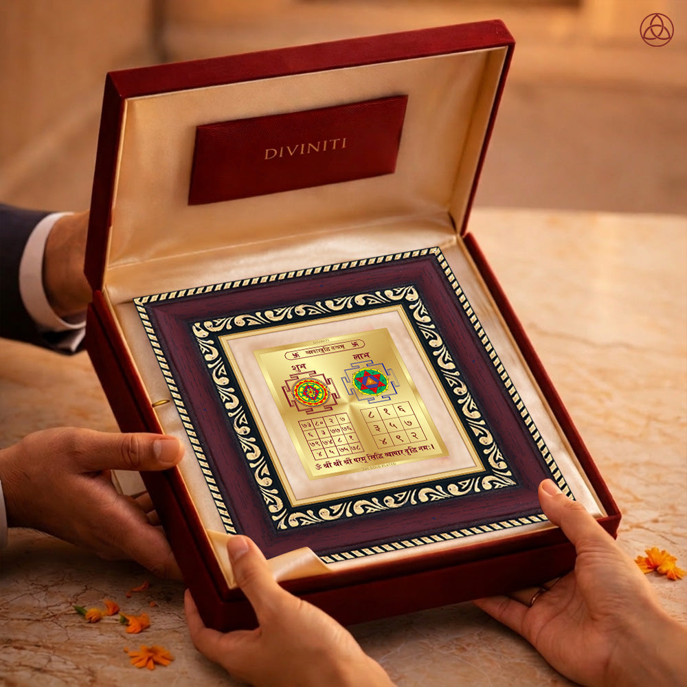 Vyapar Vriddhi Yantra displayed in a luxurious box, symbolizing business prosperity and success.