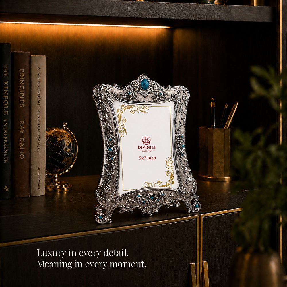 Diviniti Antique Silver-Plated Ornate Photo Frame with Turquoise Stone Accents | Luxury Vintage Tabletop Picture Frame | 5 x 7 Inch