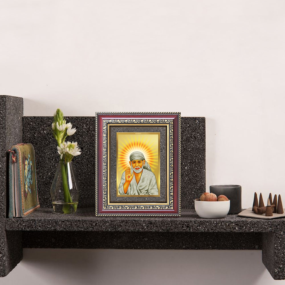 Diviniti 24K Gold Plated Sai Baba With Blessings (Classic) Divine Wall and Table Top Frame for Home Mandir & Office Decor | Luxury Spiritual Gift