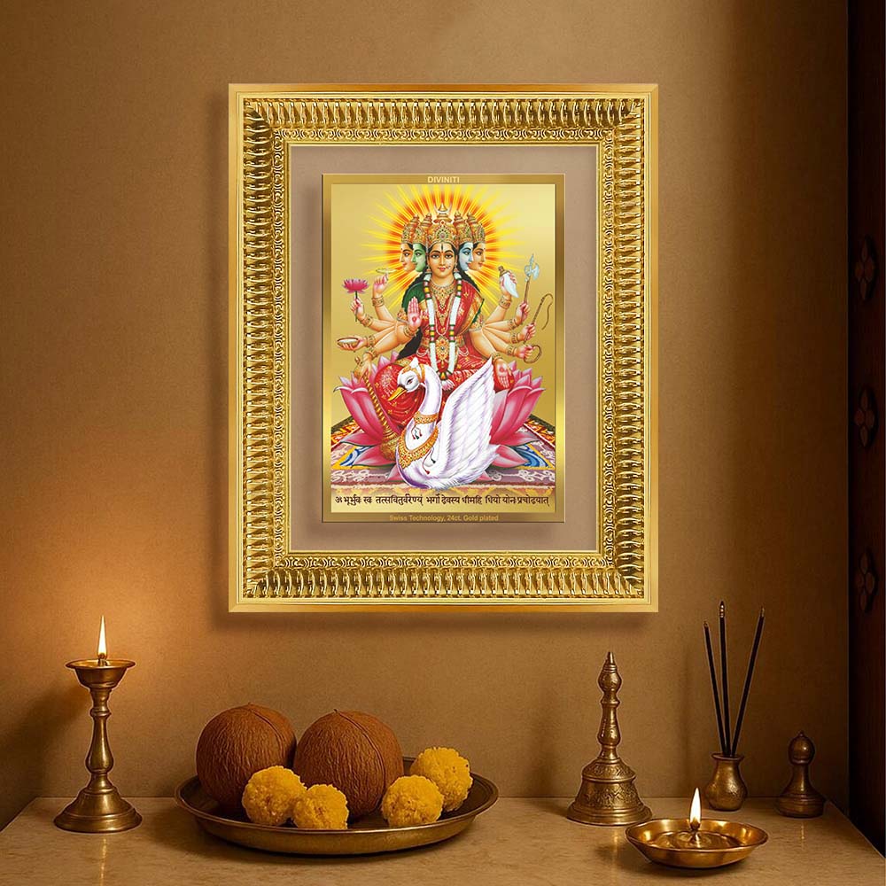 Diviniti 24K Gold Plated Gayatri Maa (Classic) Divine Wall Frame for Home Mandir & Office Decor | Luxury Spiritual Gift