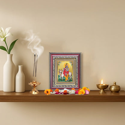 Diviniti 24K Gold Plated Krishna With Surbhi Cow |Divine Table Top Frame for Home Mandir & Office Decor | Luxury Spiritual Gift