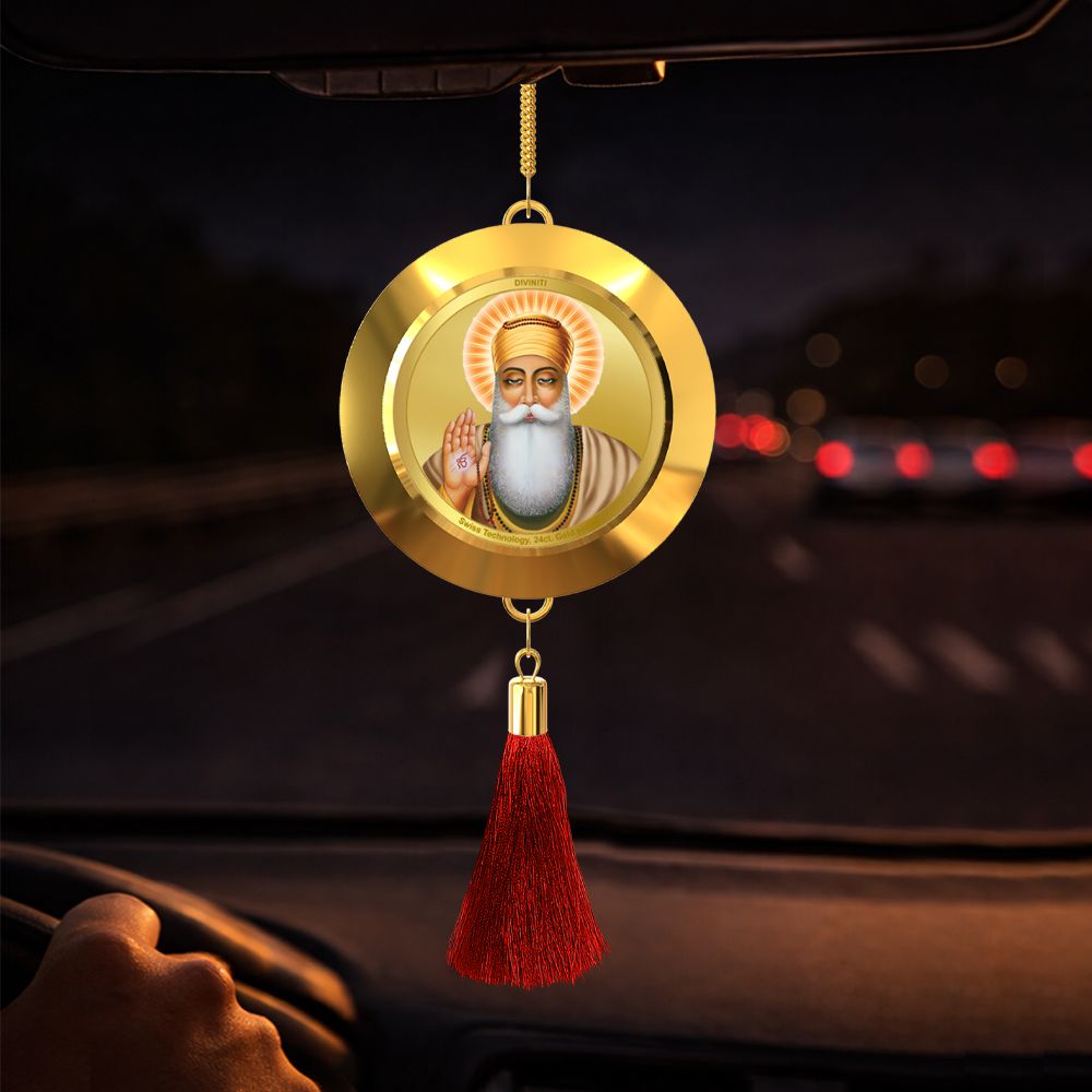Diviniti 24K Gold Plated Double-Sided Guru Gobind Singh Ji & Guru Nanak Dev Ji Car Dangler (5.5 cm) | Divine Hanging Car Decor for Protection, Positive Energy & Spiritual Blessings