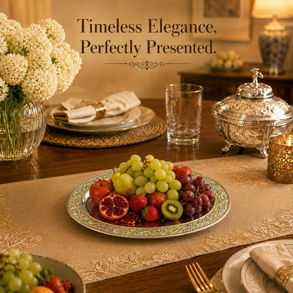 Diviniti Silver-Plated Oval Decorative Tray with Green Enamel Accents | Luxury Serving Platter for Dry Fruits, Sweets & Premium Gifting