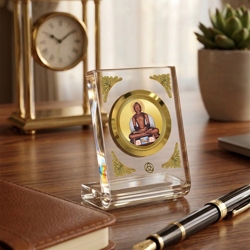 Diviniti 24K Gold Plated Lord Mahavir Acrylic Car Dashboard Frame | Peace, Spiritual Enlightenment & Devotion for Car, Home, Tabletop & Puja Room | Faith & Blessings (ACF1CH)