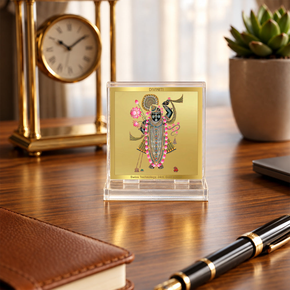 24K Gold-Plated Lord Shrinath Ji Acrylic Car Dashboard Frame | 6x5 CM