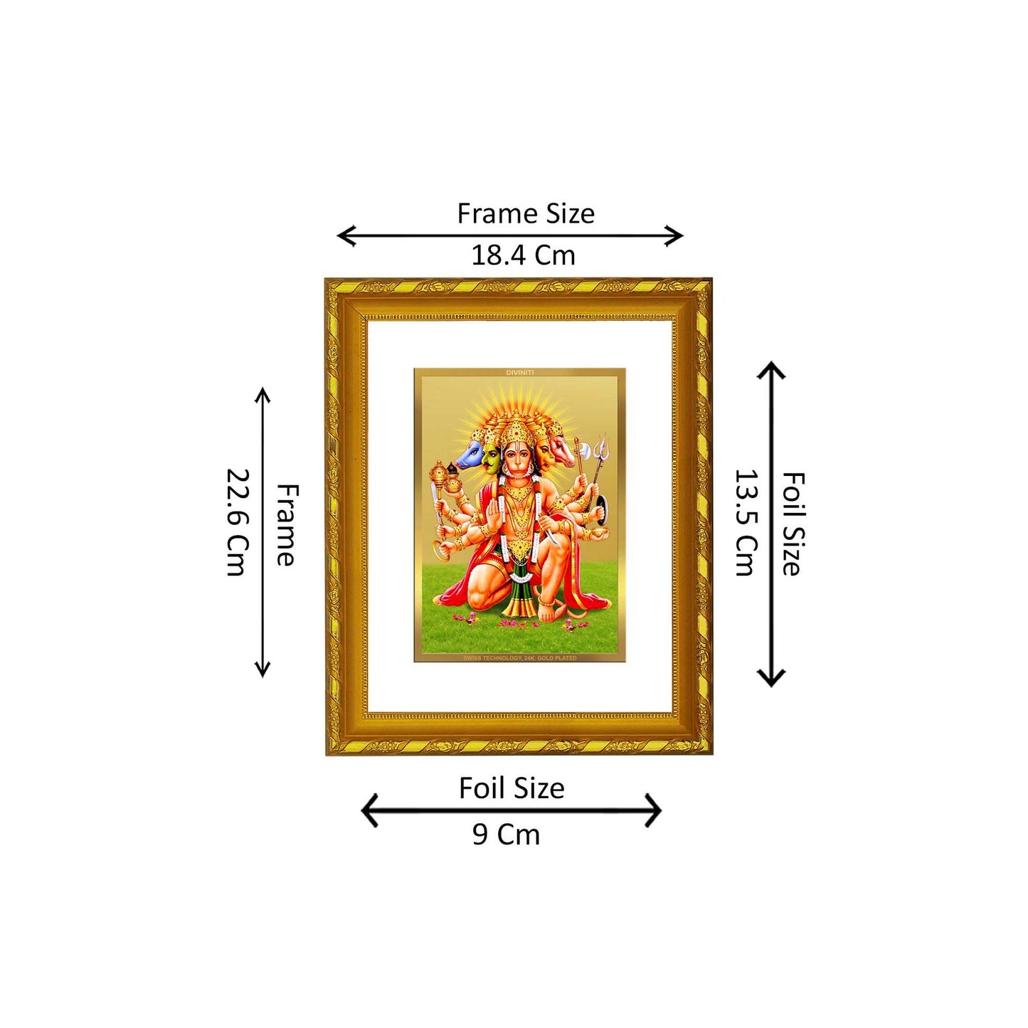 DIVINITI 24K Gold Plated Foil Panchmukhi Hanuman Photo Frame for Home Decor, Puja Room, Table Top, Wall Hanging, Workshop, Luxurious Gift|DG103 Size 2 (22.6x18.4 CM)