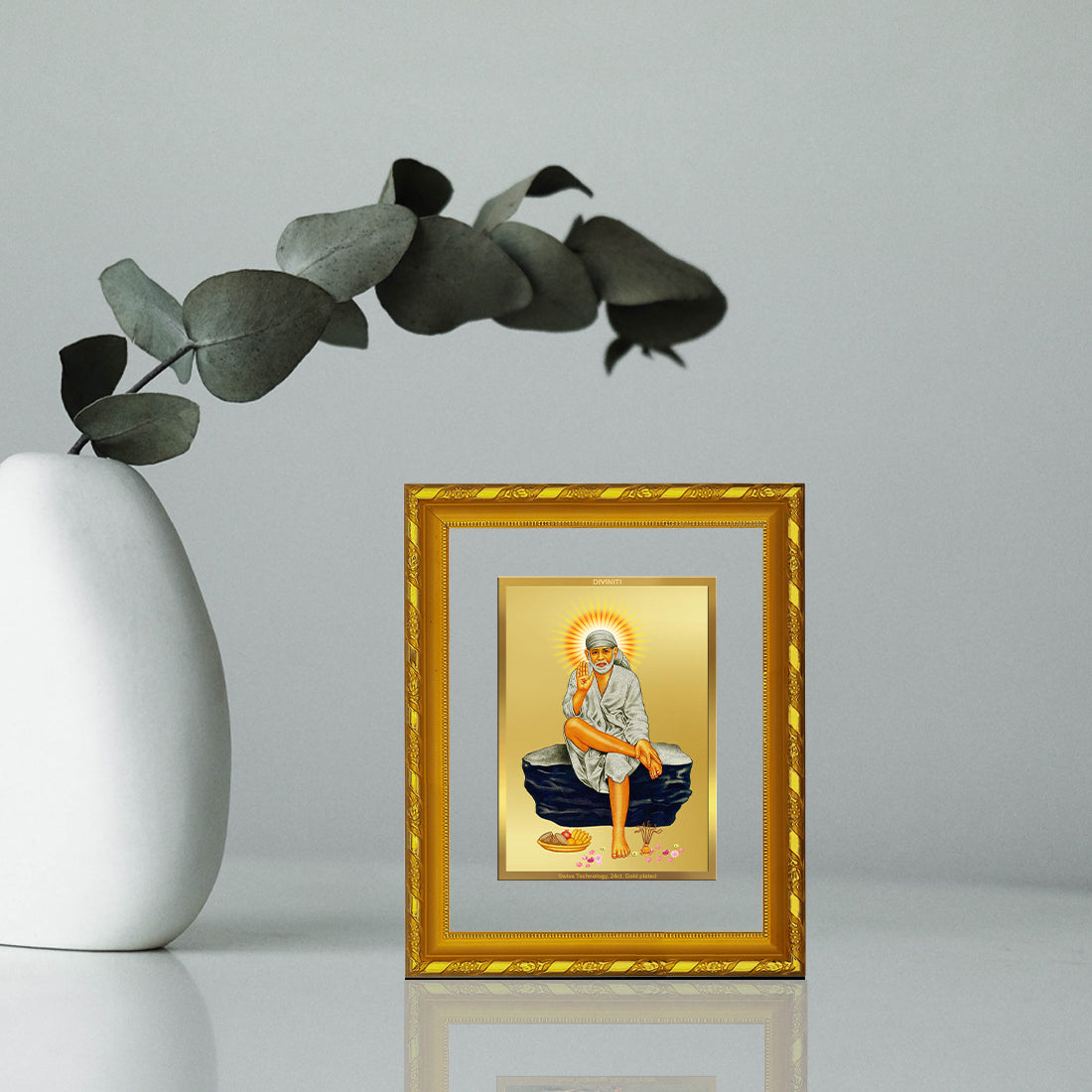 DIVINITI 24K Gold Plated Foil Sai Baba Photo Frame for Home Wall Decor, Workshop, Table Top, Premium Gift|DG103 Size 2 (22.6x18.4 CM)