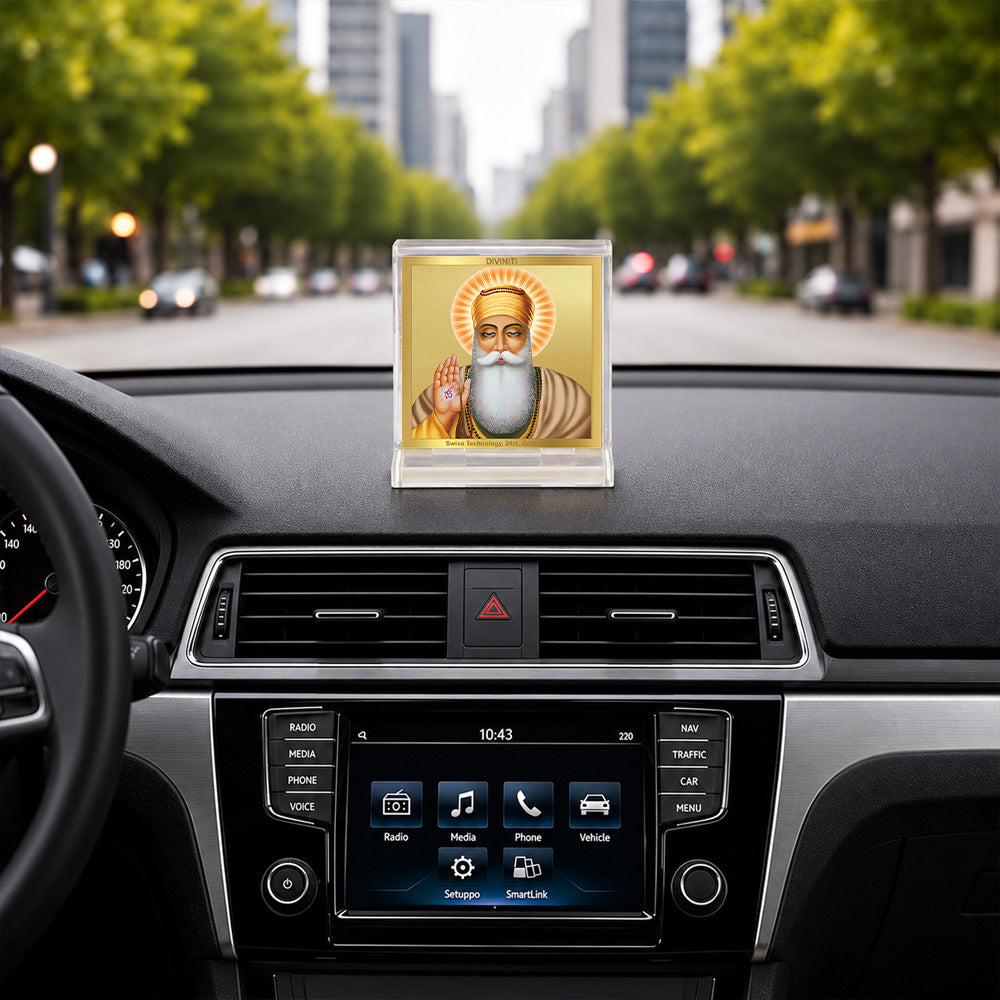24K Gold-Plated Guru Nanak Dev Ji Acrylic Car Dashboard Frame | 6x5 CM
