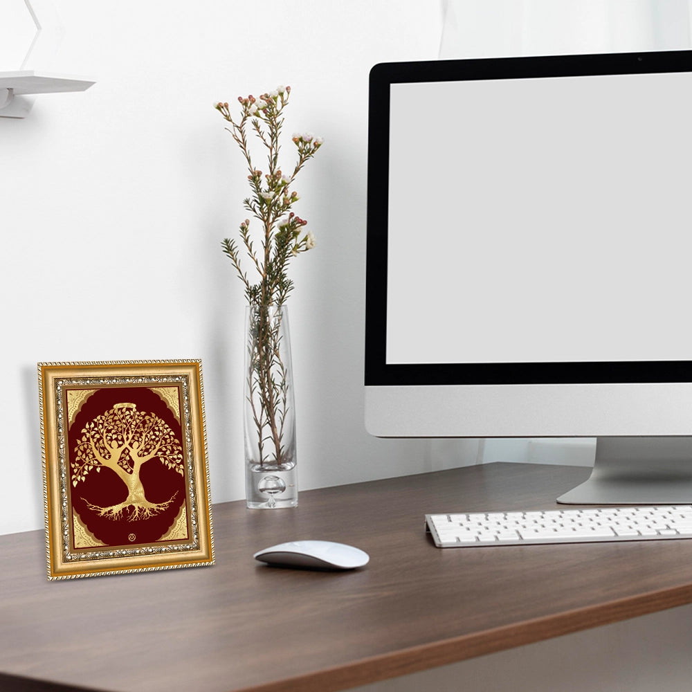 Tree of Life Gold Wall Hanging Frame in 24K Gold Foil dilsplayed on wooden shelf