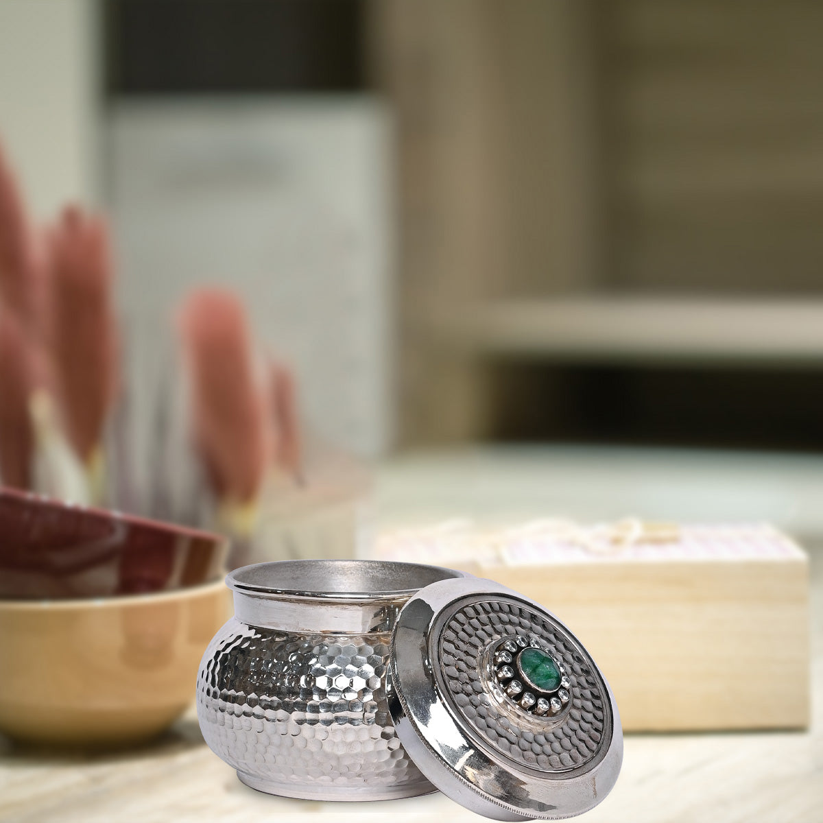Pure Silver Serenity Box Green Eye Studded Handcrafted Storage Container (8x6x7 cm, 152g)
