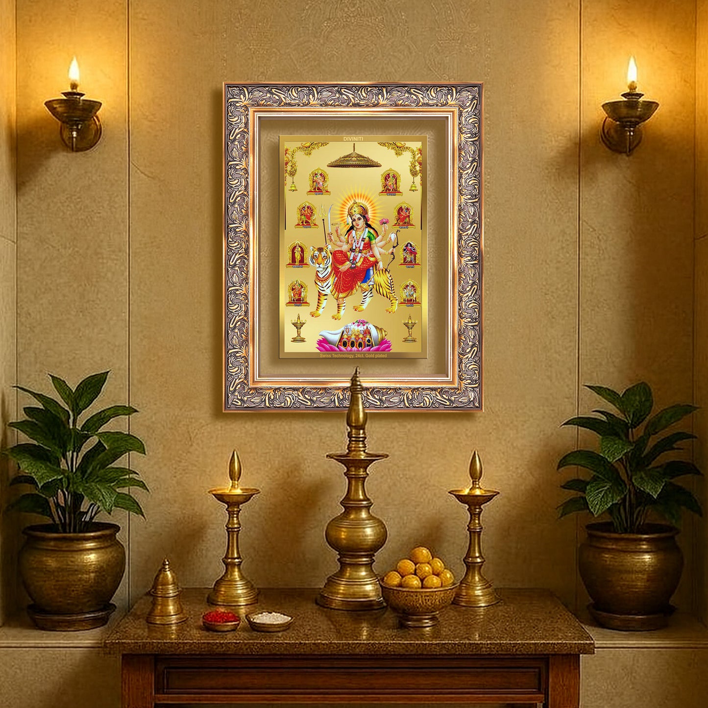 Diviniti 24K Gold Plated Nav Durga (Classic) Divine Wall Frame for Home Mandir & Office Decor | Luxury Spiritual Gift