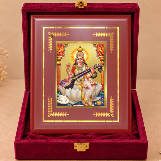 24K Gold-Plated Goddess Saraswati MDF Frame | Premium Gift Box | 13.5x16 CM