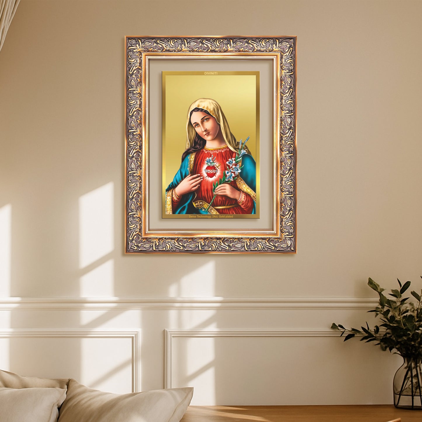 Diviniti 24K Gold Plated Mother Mary (Classic) Divine Wall Frame for Home Mandir & Office Decor | Luxury Spiritual Gift