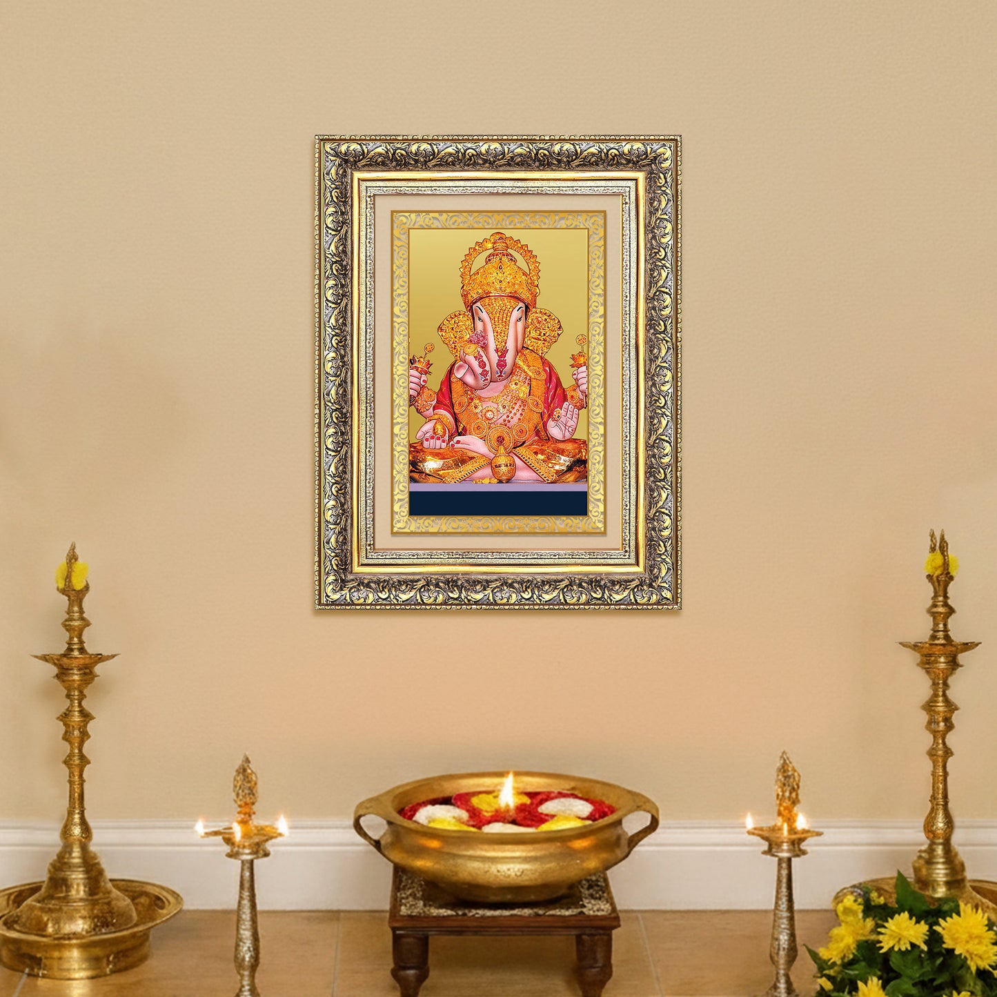 Diviniti 24K Gold Plated Dagadu Ganesha (Classic) Divine Wall Frame for Home Mandir & Office Decor | Luxury Spiritual Gift