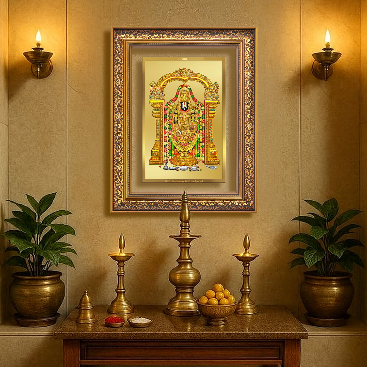 Diviniti 24K Gold Plated Tirupati Balaji Divine Wall Frame for Home Mandir & Office Decor | Luxury Spiritual Gift