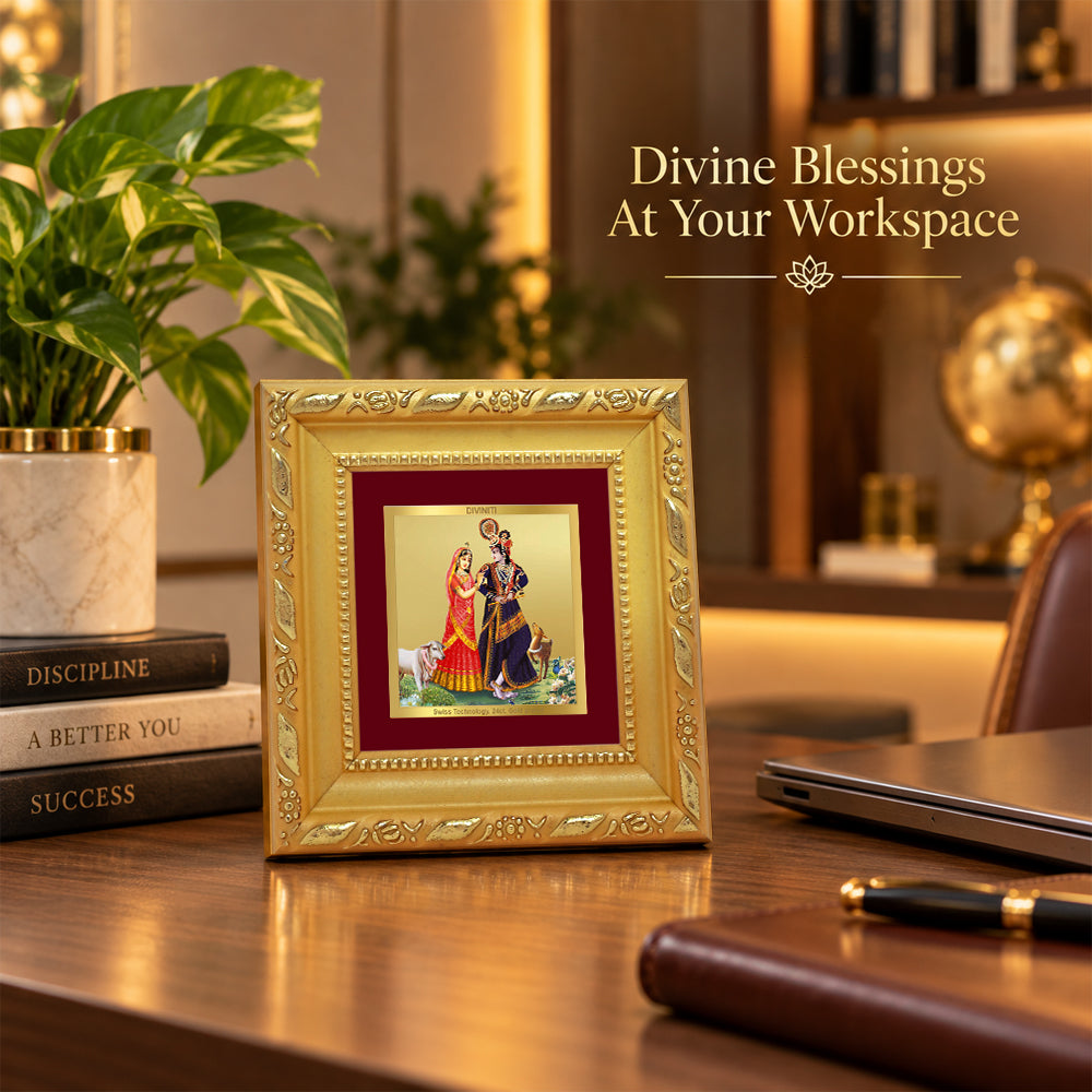 24K Gold-Plated Radha Krishna with Cow Frame | Premium Gift Box | 10x10 CM