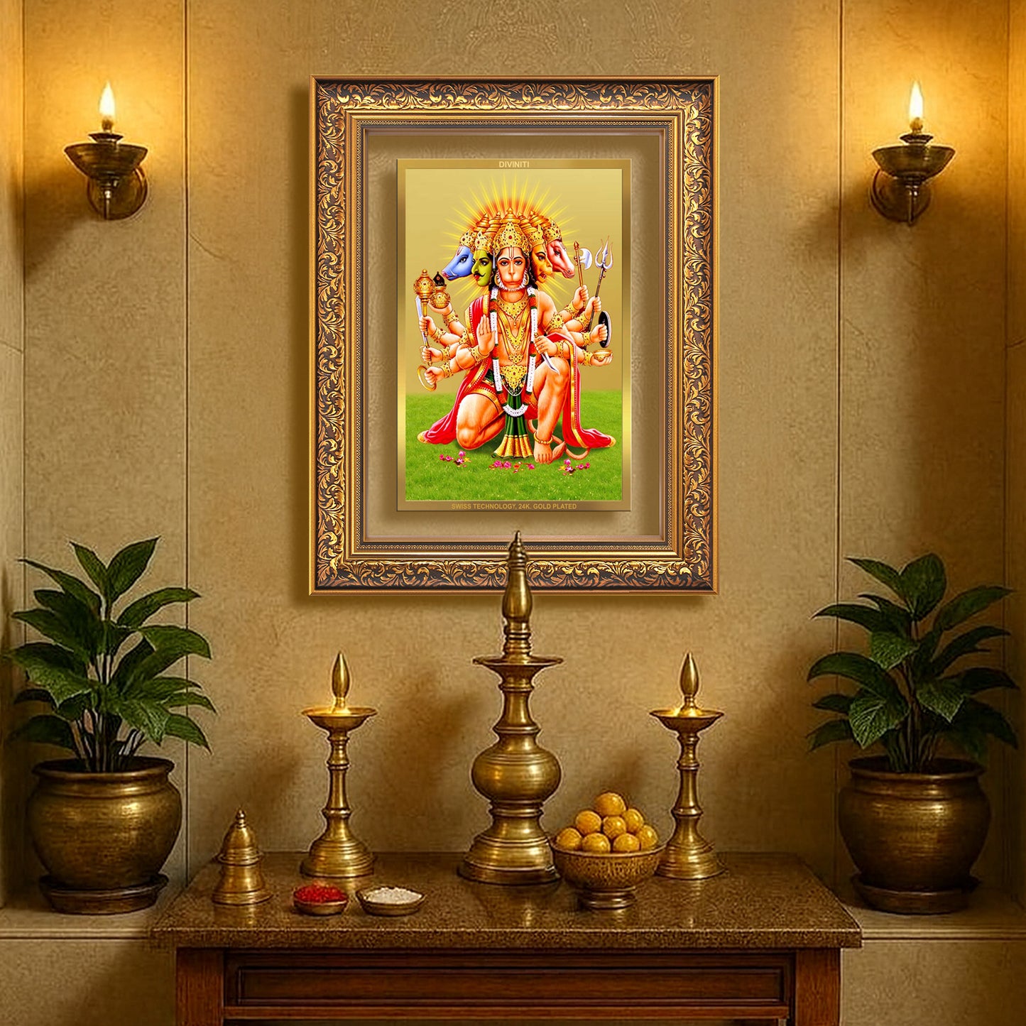 Diviniti 24K Gold Plated Panchmukhi Hanuman (Classic) Divine Wall Frame for Home Mandir & Office Decor | Luxury Spiritual Gift