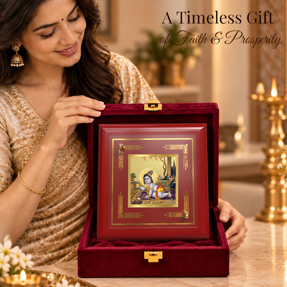 24K Gold-Plated Laddu Gopal MDF Frame | Premium Gift Box | 10x10 CM