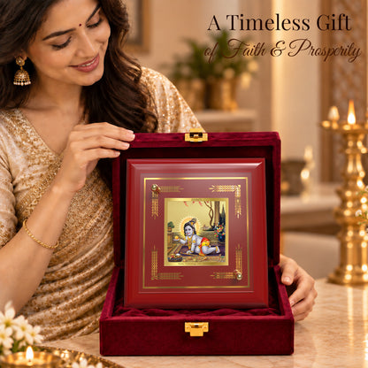 24K Gold-Plated Laddu Gopal MDF Frame | Premium Gift Box | 10x10 CM
