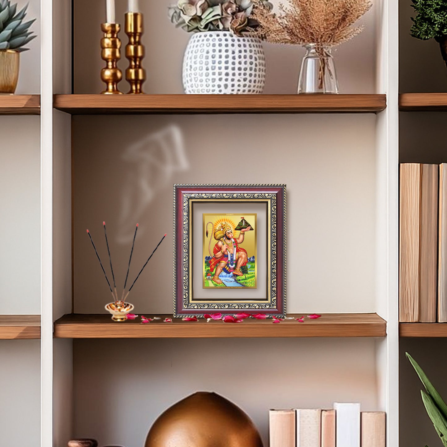 Diviniti 24K Gold Plated Hanuman With Mountain (Classic) Divine Table Top Frame for Home Mandir & Office Decor | Luxury Spiritual Gift