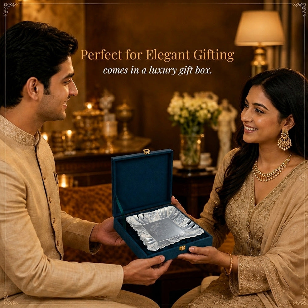 Diviniti German Silver Decorative Platter with Luxury Gift Box showcases perfect gifting in an elegant setting.