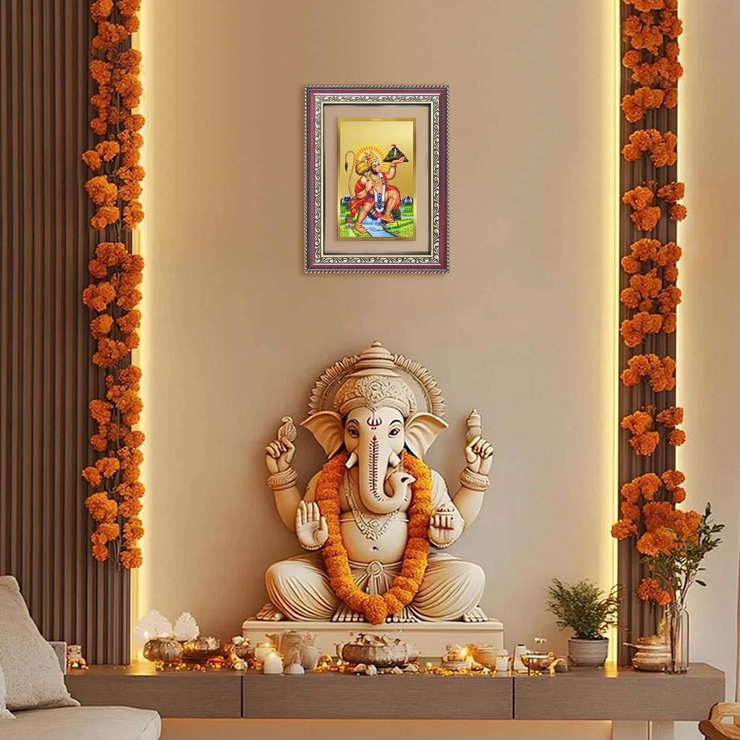 Diviniti 24K Gold Plated Hanuman With Mountain (Classic) Divine Wall Frame for Home Mandir & Office Decor | Luxury Spiritual Gift