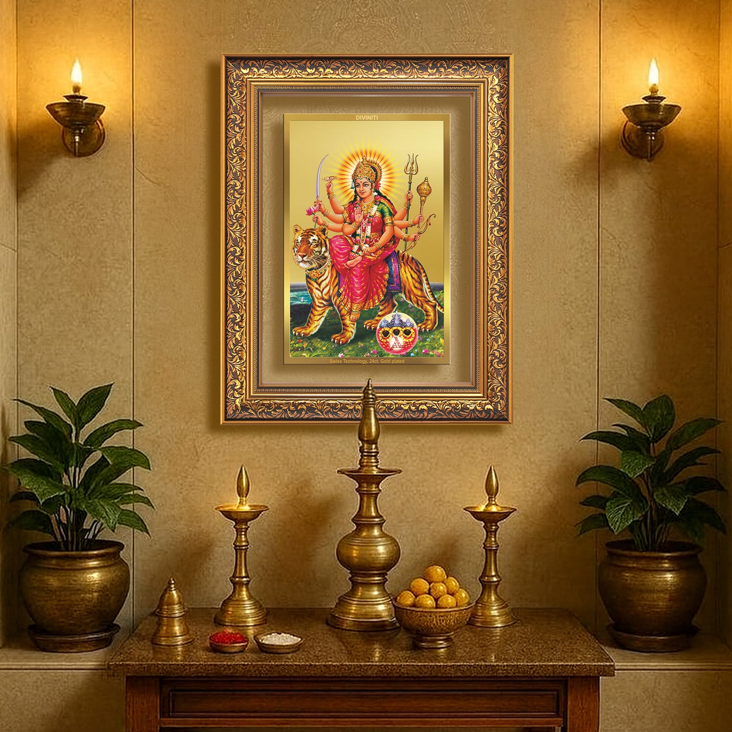 Diviniti 24K Gold Plated Durga - Sherawali Mata With Pind (Classic) Divine Wall Frame for Home Mandir & Office Decor | Luxury Spiritual Gift