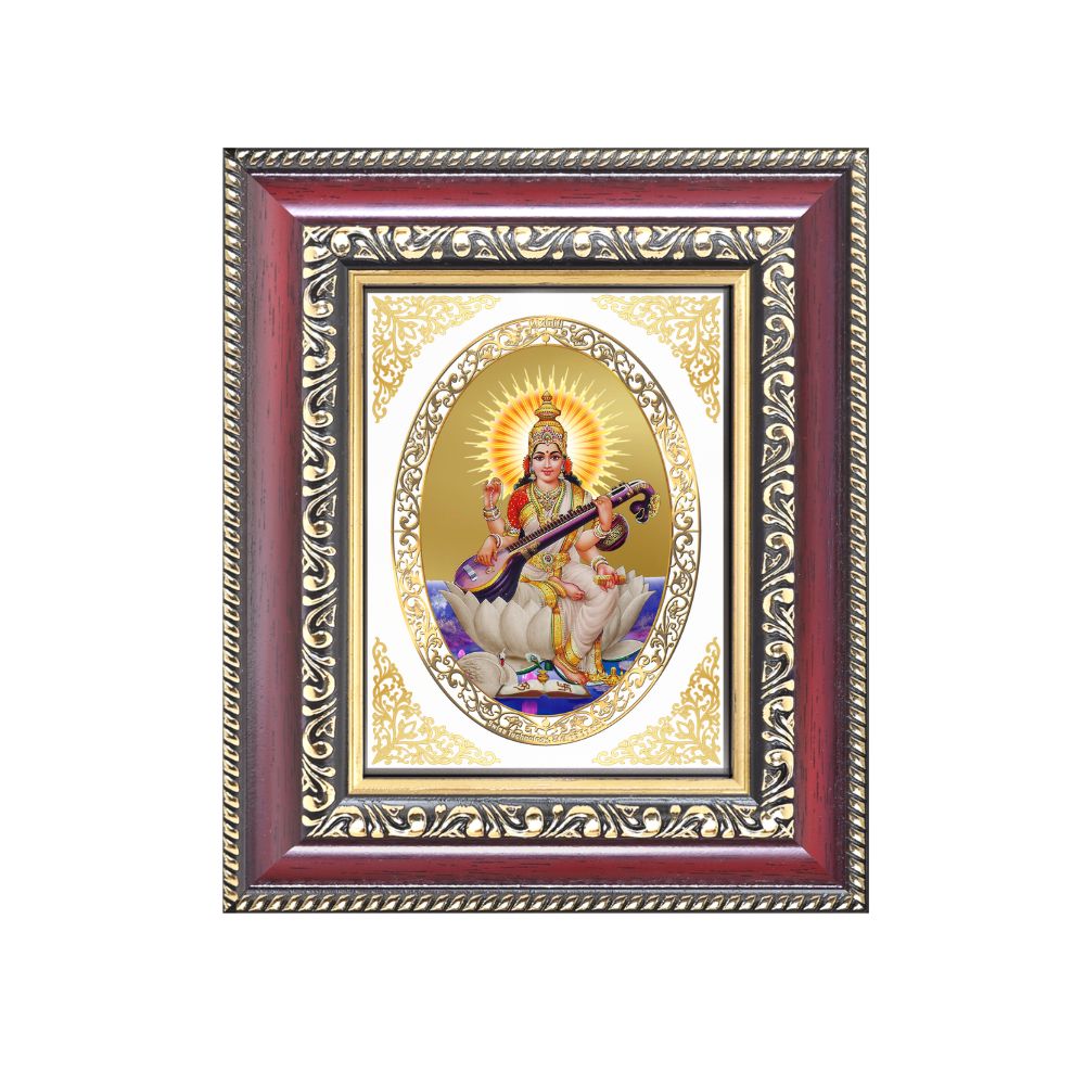 Diviniti 24K Gold Plated Saraswati Mata (ROYAL) Divine Table Top Frame for Home Mandir & Office Decor | Luxury Spiritual Gift