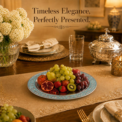 Diviniti Silver-Plated Oval Decorative Tray with Turquoise Enamel Accents | Luxury Serving Platter for Dry Fruits, Sweets & Premium Gifting