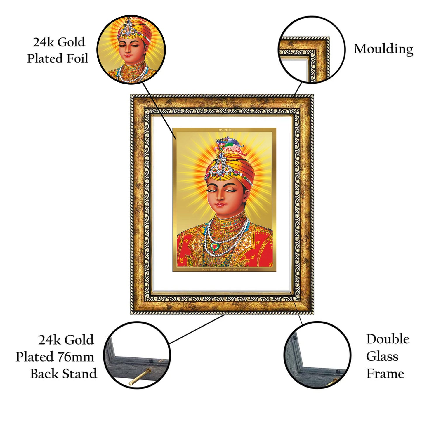 DIVINITI 24K Gold Plated Foil Guru Harkrishan Wall Photo Frame for Home Decor, Wall Hanging, Table Top, Puja Room & Gift DG113S3 (27.6x35.4 CM)
