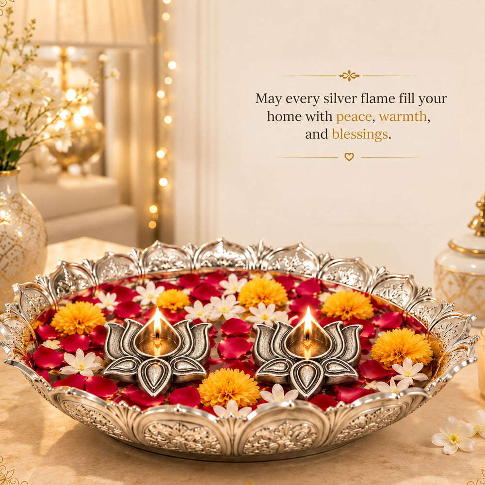 999 Silver-Plated Antique Lotus Diya Pair | Premium Gift Box | 8x8 CM